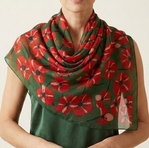 NWT Red Poppy Floral Chiffon Long Scarf Wrap- Sheer Emerald Green 63" × 20"